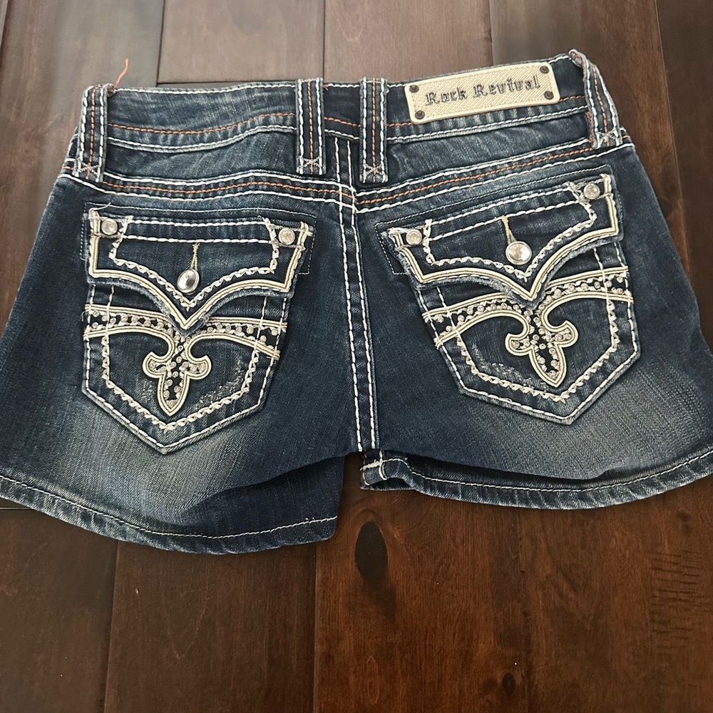 Rock Revival Blue Jean Shorts with Decorative Stitching 26